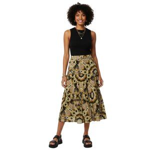 Rachel Zoe Tiered Midi Skirt Large • Elastic Back Waist • Detailed Print